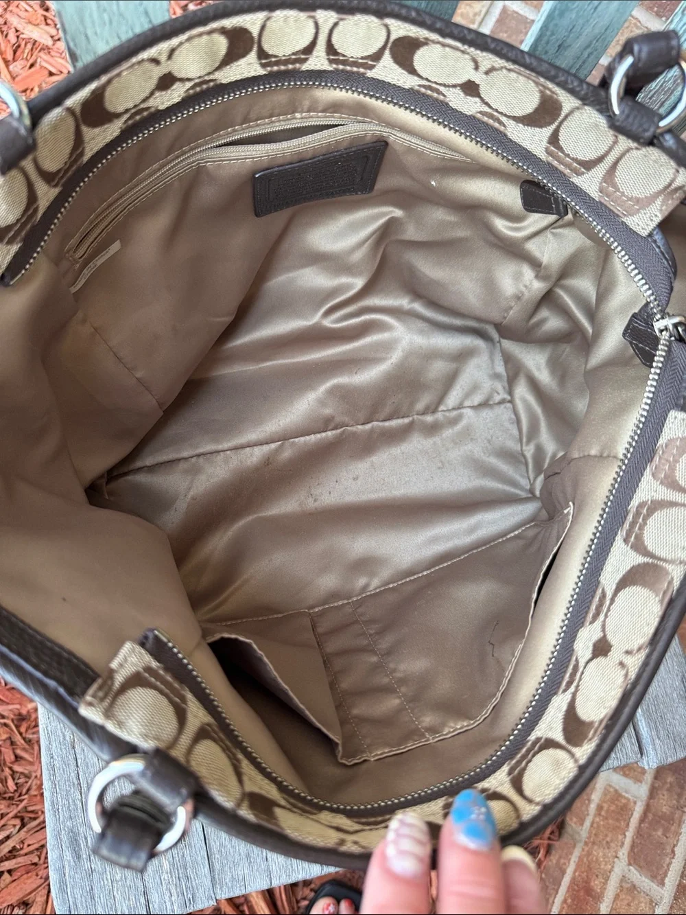 Coach Park Signature Carrie Tote 👜 w/Monogram canvas & dark brown leather trim